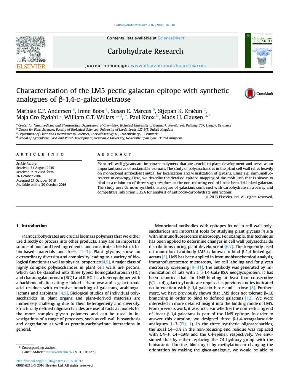 Characterization of the LM5 pectic galactan epitope with synthetic analogues of Î²-1,4-d-galactotetraose