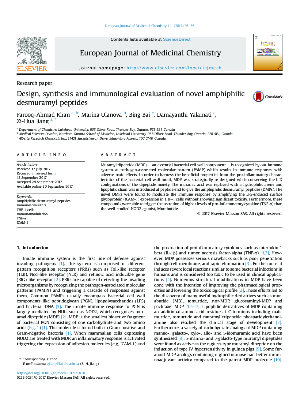 Design, synthesis and immunological evaluation of novel amphiphilic desmuramyl peptides