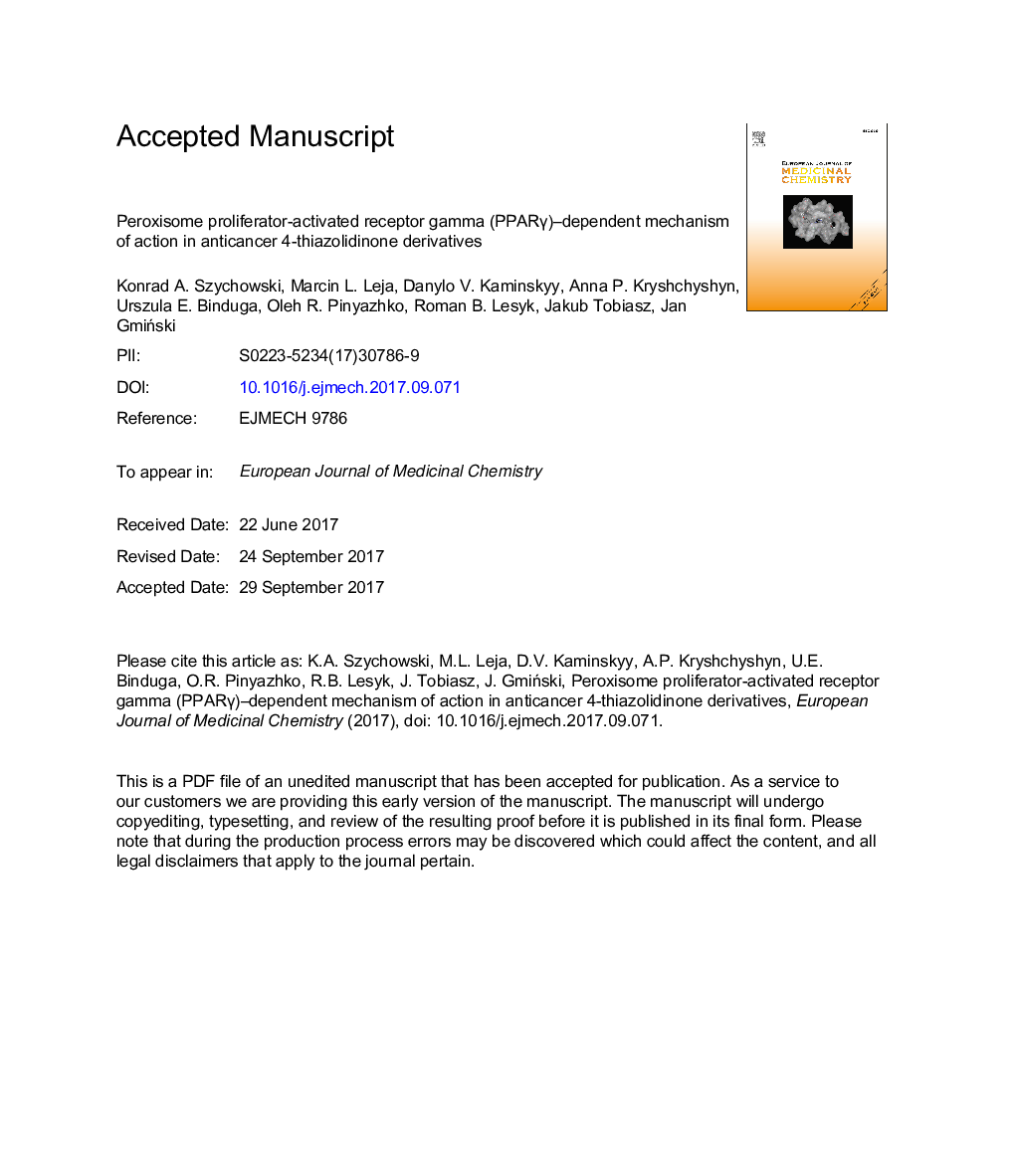 Anticancer properties of 4-thiazolidinone derivatives depend on peroxisome proliferator-activated receptor gamma (PPARÎ³)