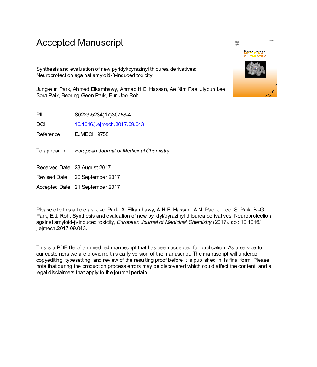 Synthesis and evaluation of new pyridyl/pyrazinyl thiourea derivatives: Neuroprotection against amyloid-Î²-induced toxicity