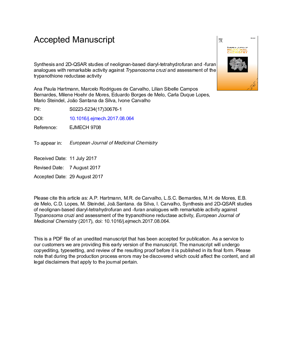 Synthesis and 2D-QSAR studies of neolignan-based diaryl-tetrahydrofuran and -furan analogues with remarkable activity against Trypanosoma cruzi and assessment of the trypanothione reductase activity