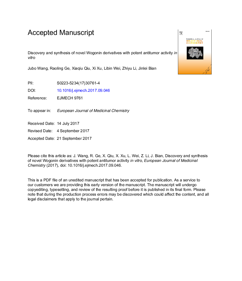 Discovery and synthesis of novel Wogonin derivatives with potent antitumor activity inÂ vitro