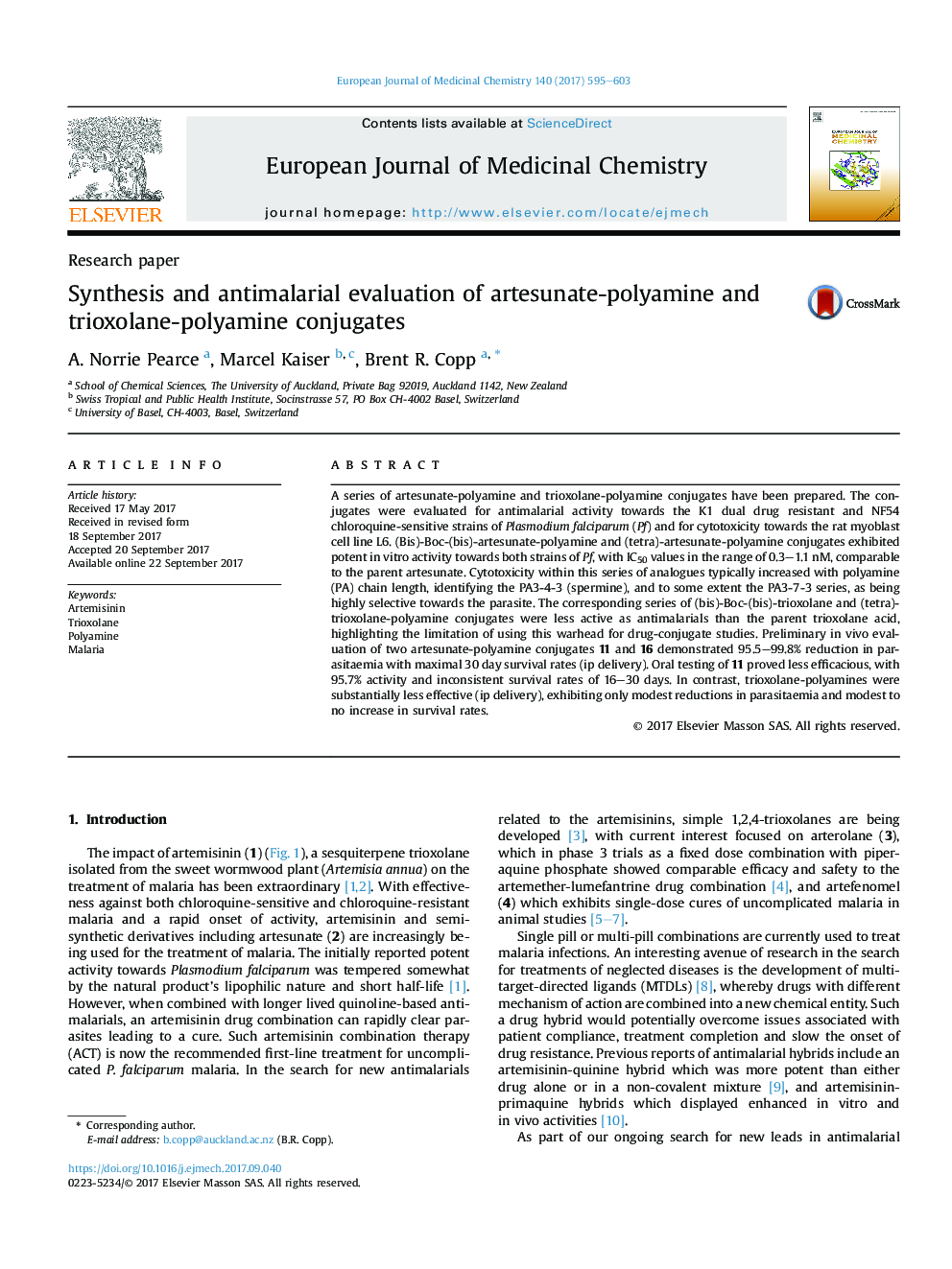 ارزیابی سنتز و ضد مالاریا از ترکیبات آرتسونات-پلیامین و تریکسلن-پلیآمین 