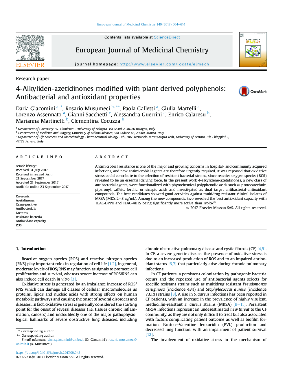 4-Alkyliden-azetidinones modified with plant derived polyphenols: Antibacterial and antioxidant properties