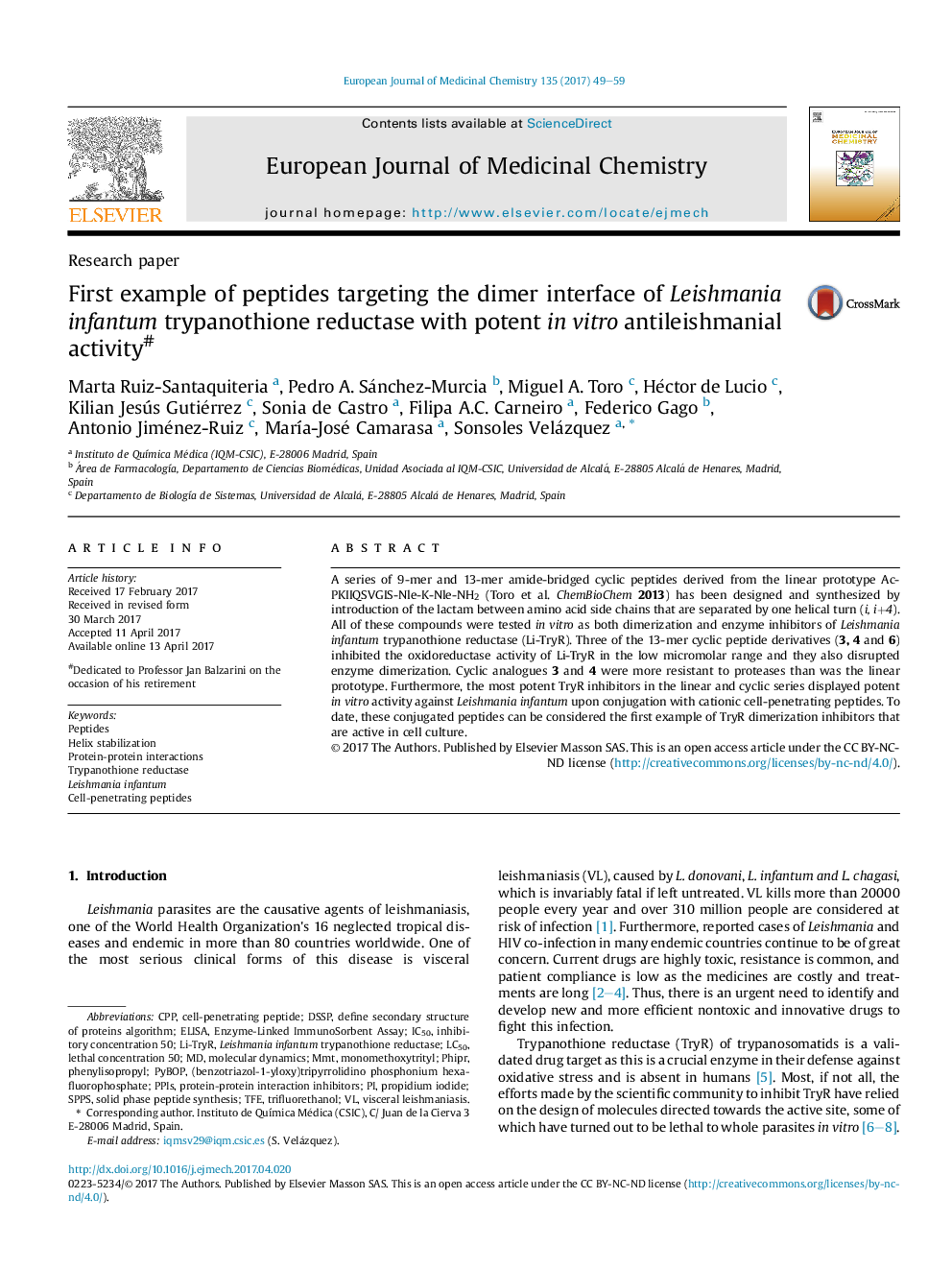 First example of peptides targeting the dimer interface of Leishmania infantum trypanothione reductase with potent inÂ vitro antileishmanial activity#