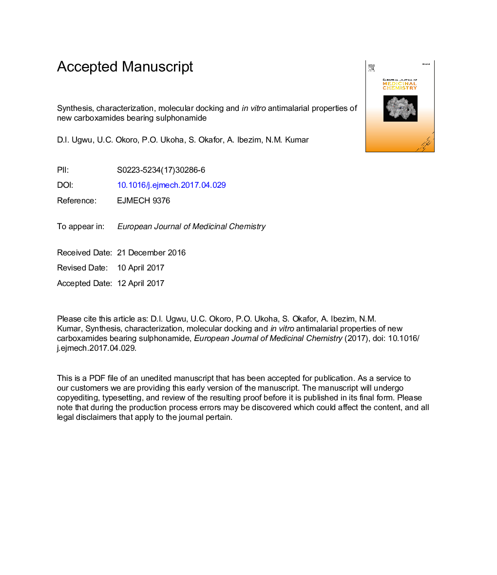 Synthesis, characterization, molecular docking and inÂ vitro antimalarial properties of new carboxamides bearing sulphonamide