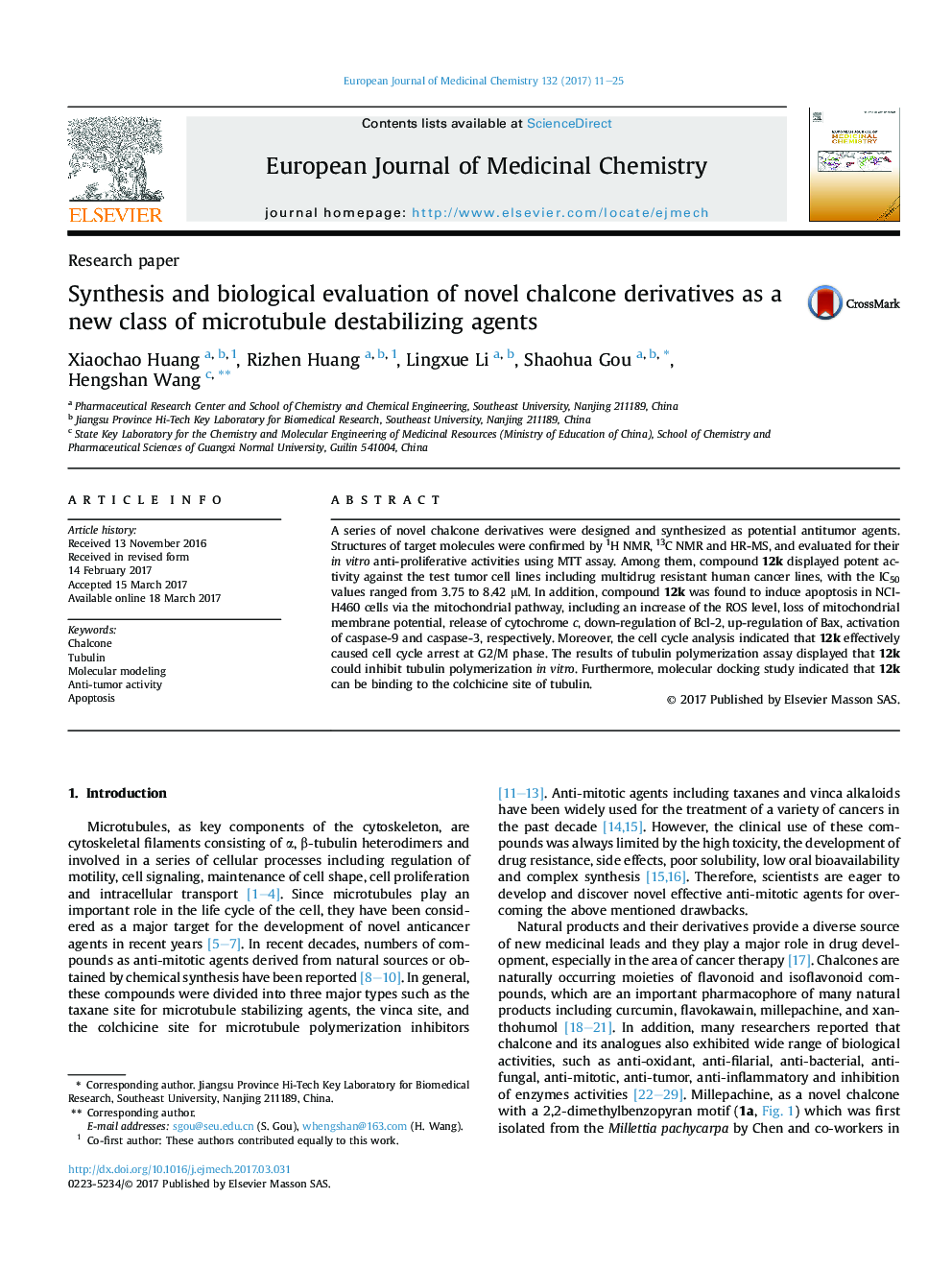 Synthesis and biological evaluation of novel chalcone derivatives as a new class of microtubule destabilizing agents