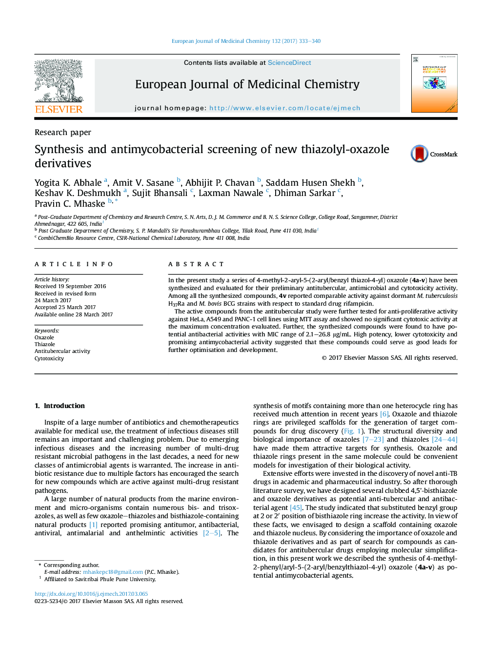 Synthesis and antimycobacterial screening of new thiazolyl-oxazole derivatives