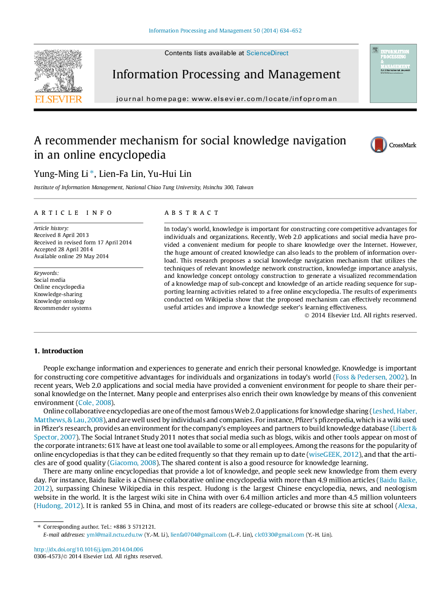 A recommender mechanism for social knowledge navigation in an online encyclopedia