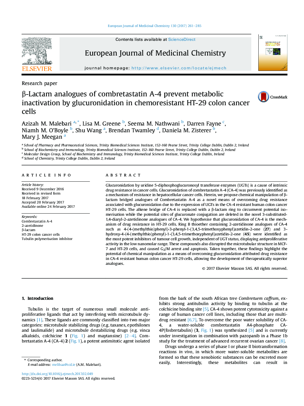 Î²-Lactam analogues of combretastatin A-4 prevent metabolic inactivation by glucuronidation in chemoresistant HT-29 colon cancer cells