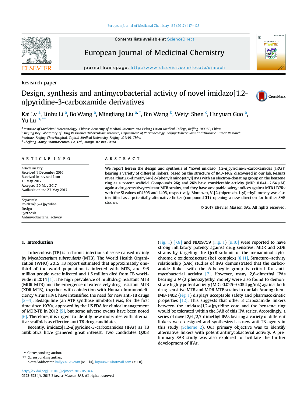 Design, synthesis and antimycobacterial activity of novel imidazo[1,2-a]pyridine-3-carboxamide derivatives