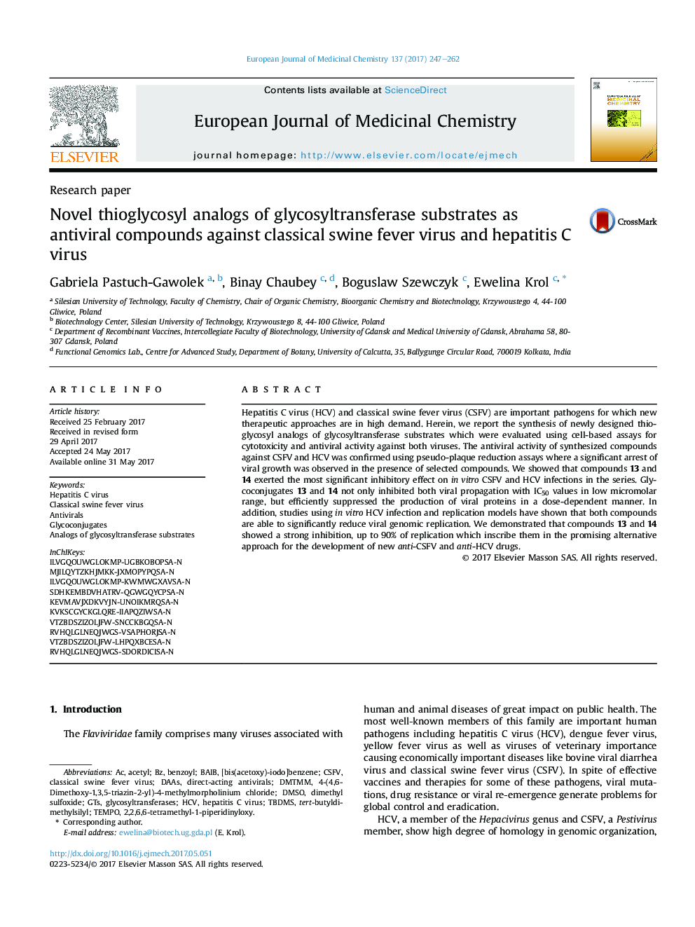 Novel thioglycosyl analogs of glycosyltransferase substrates as antiviral compounds against classical swine fever virus and hepatitis C virus