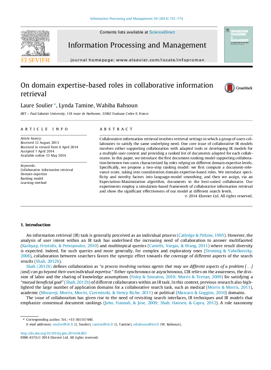 On domain expertise-based roles in collaborative information retrieval