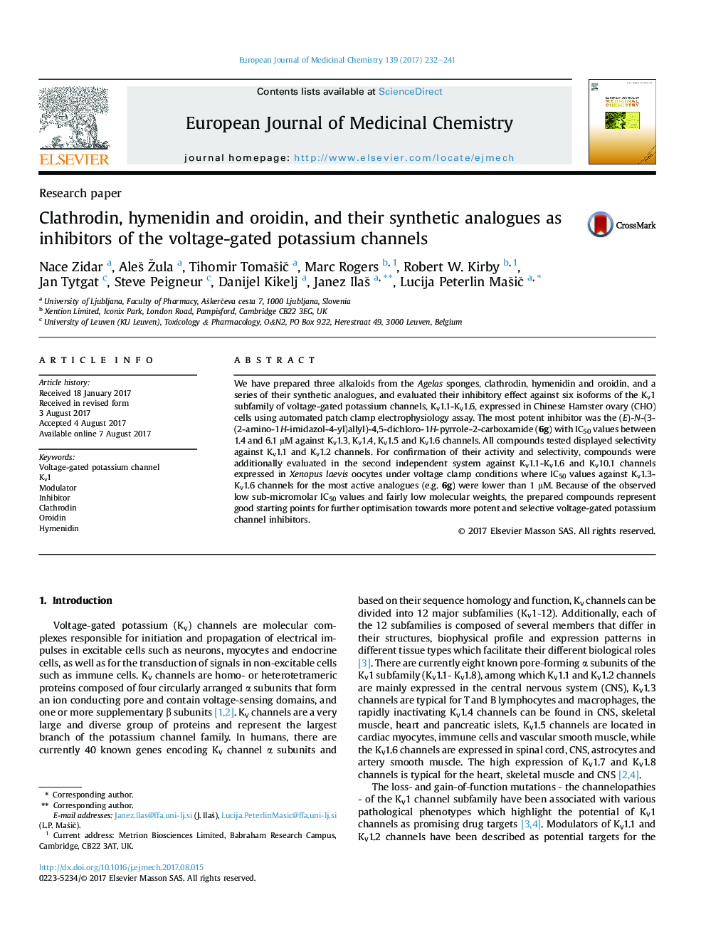 Clathrodin, hymenidin and oroidin, and their synthetic analogues as inhibitors of the voltage-gated potassium channels