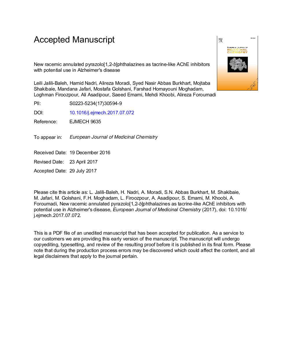 New racemic annulated pyrazolo[1,2-b]phthalazines as tacrine-like AChE inhibitors with potential use in Alzheimer's disease