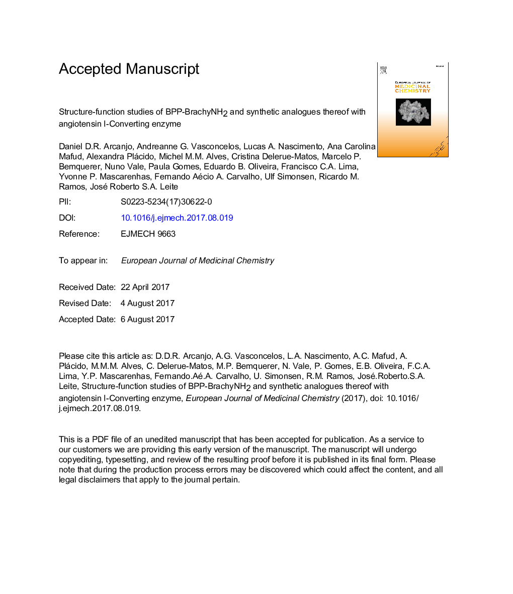 Structure-function studies of BPP-BrachyNH2 and synthetic analogues thereof with Angiotensin I-Converting Enzyme