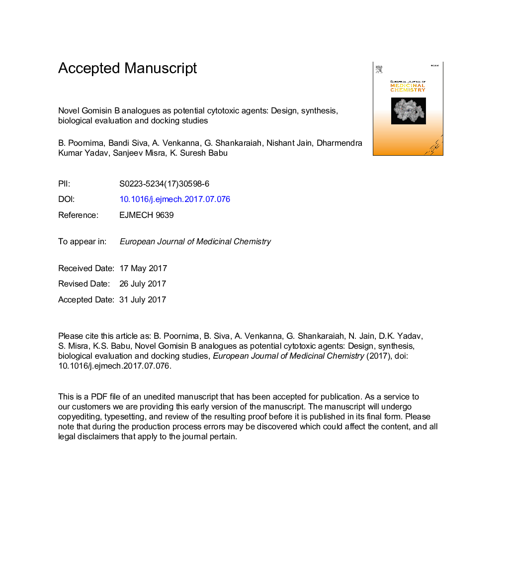 Novel Gomisin B analogues as potential cytotoxic agents: Design, synthesis, biological evaluation and docking studies