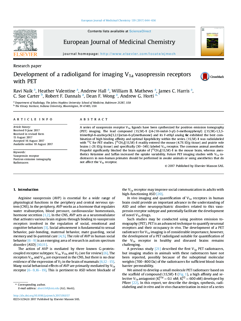 Development of a radioligand for imaging V1a vasopressin receptors with PET