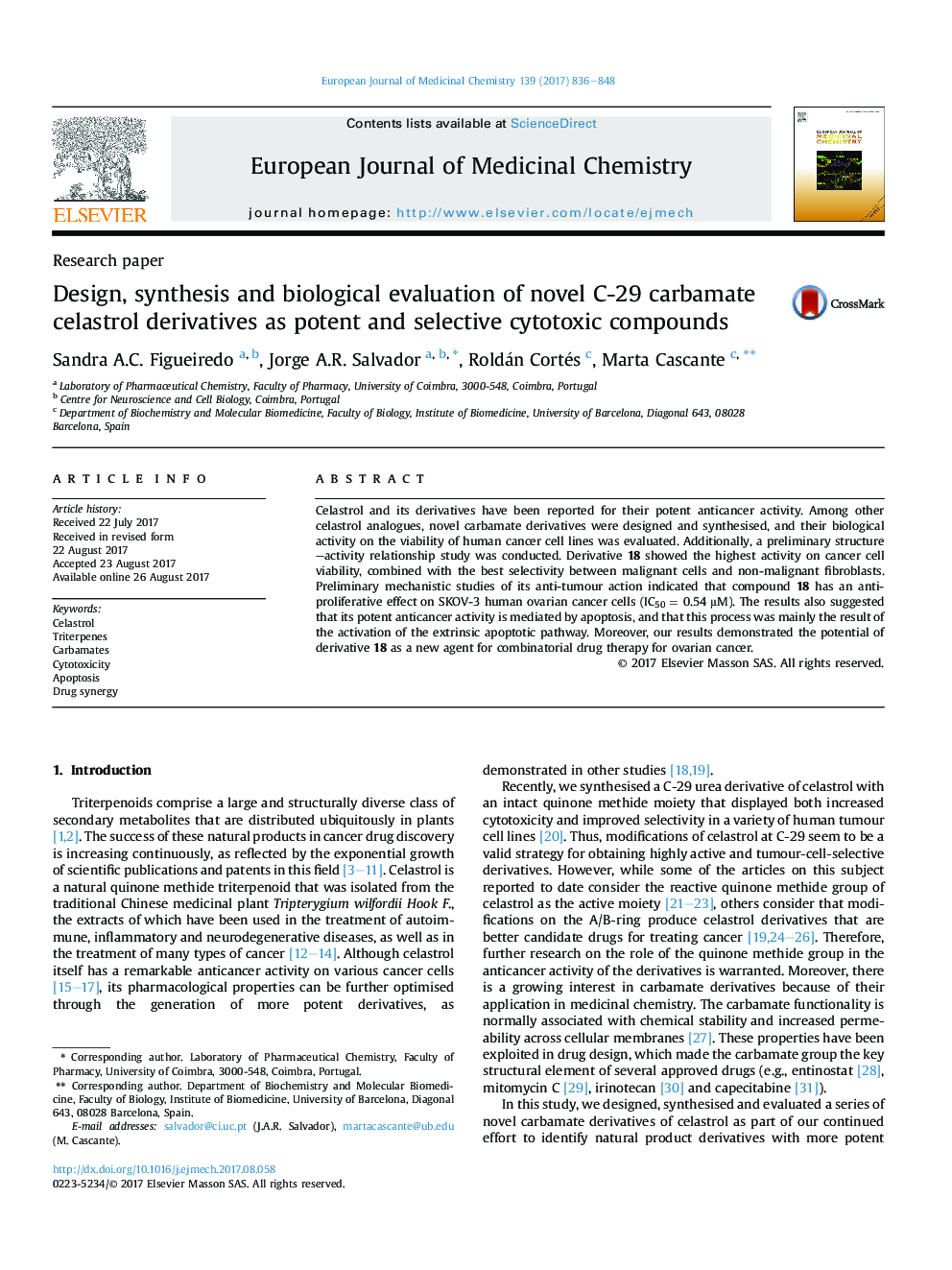 Design, synthesis and biological evaluation of novel C-29 carbamate celastrol derivatives as potent and selective cytotoxic compounds