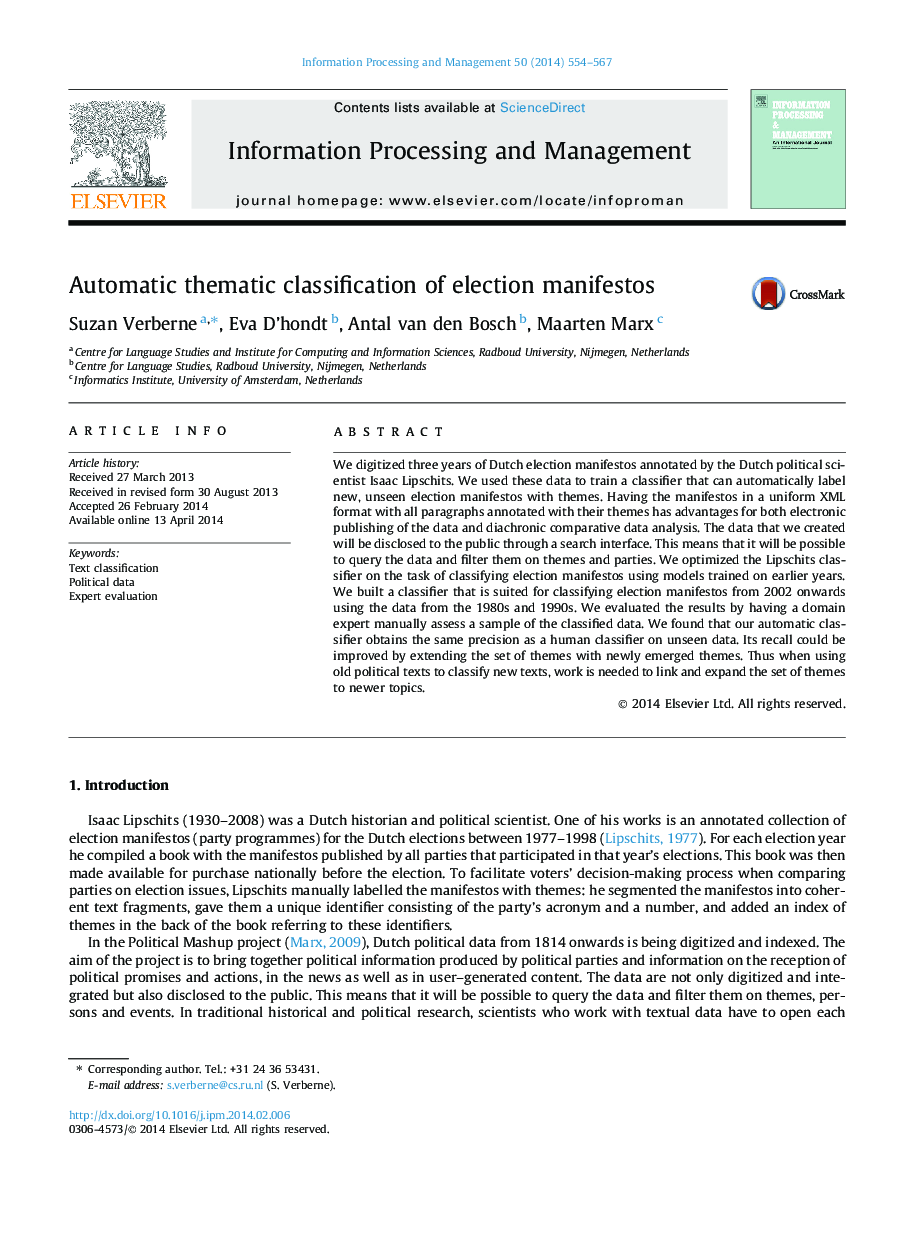 Automatic thematic classification of election manifestos