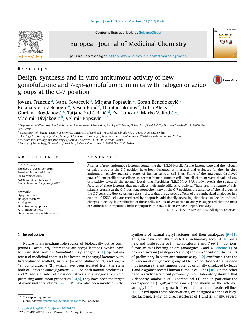 Design, synthesis and inÂ vitro antitumour activity of new goniofufurone and 7-epi-goniofufurone mimics with halogen or azido groups at the C-7 position