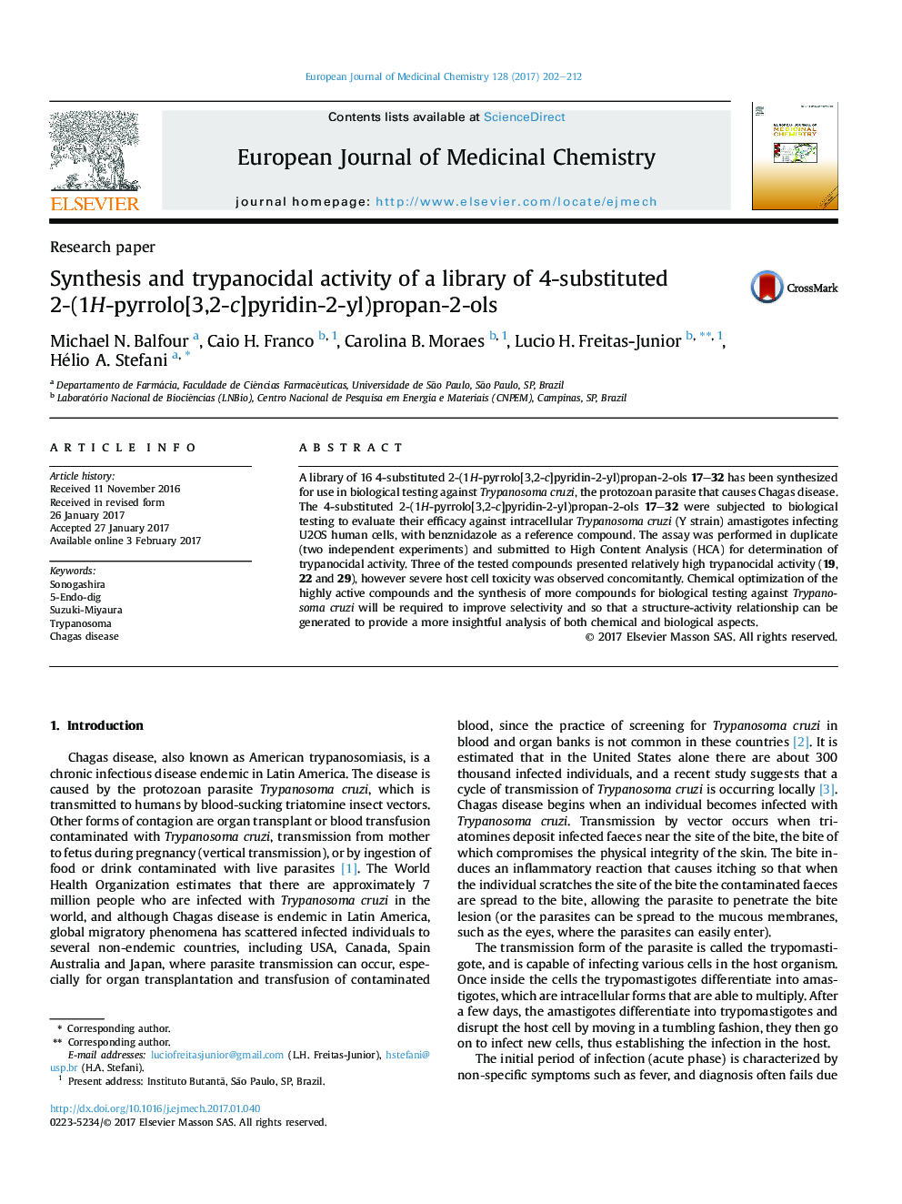 Synthesis and trypanocidal activity of a library of 4-substituted 2-(1H-pyrrolo[3,2-c]pyridin-2-yl)propan-2-ols