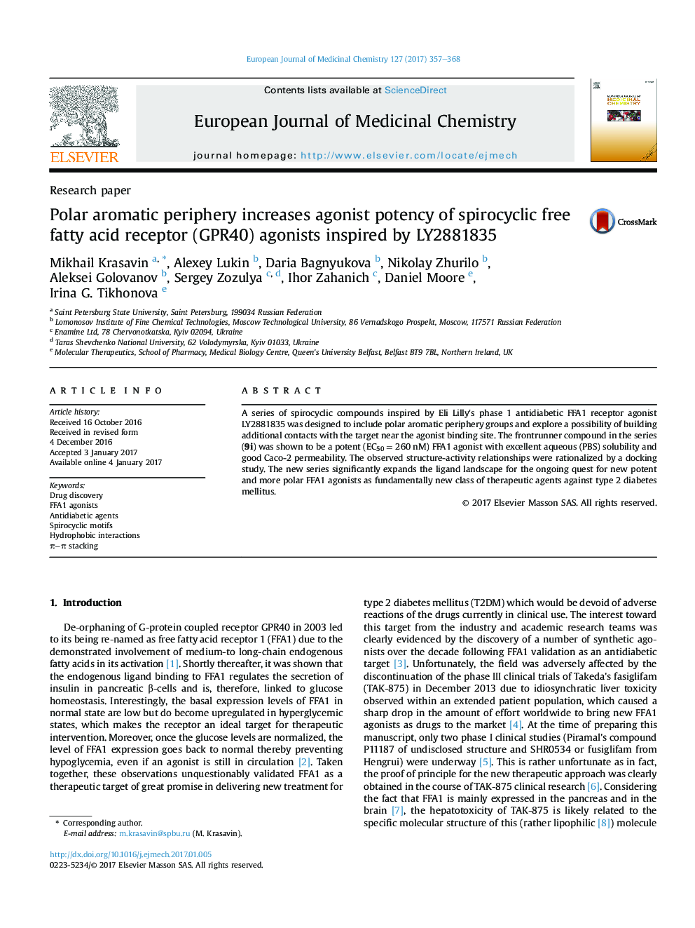 Polar aromatic periphery increases agonist potency of spirocyclic free fatty acid receptor (GPR40) agonists inspired by LY2881835