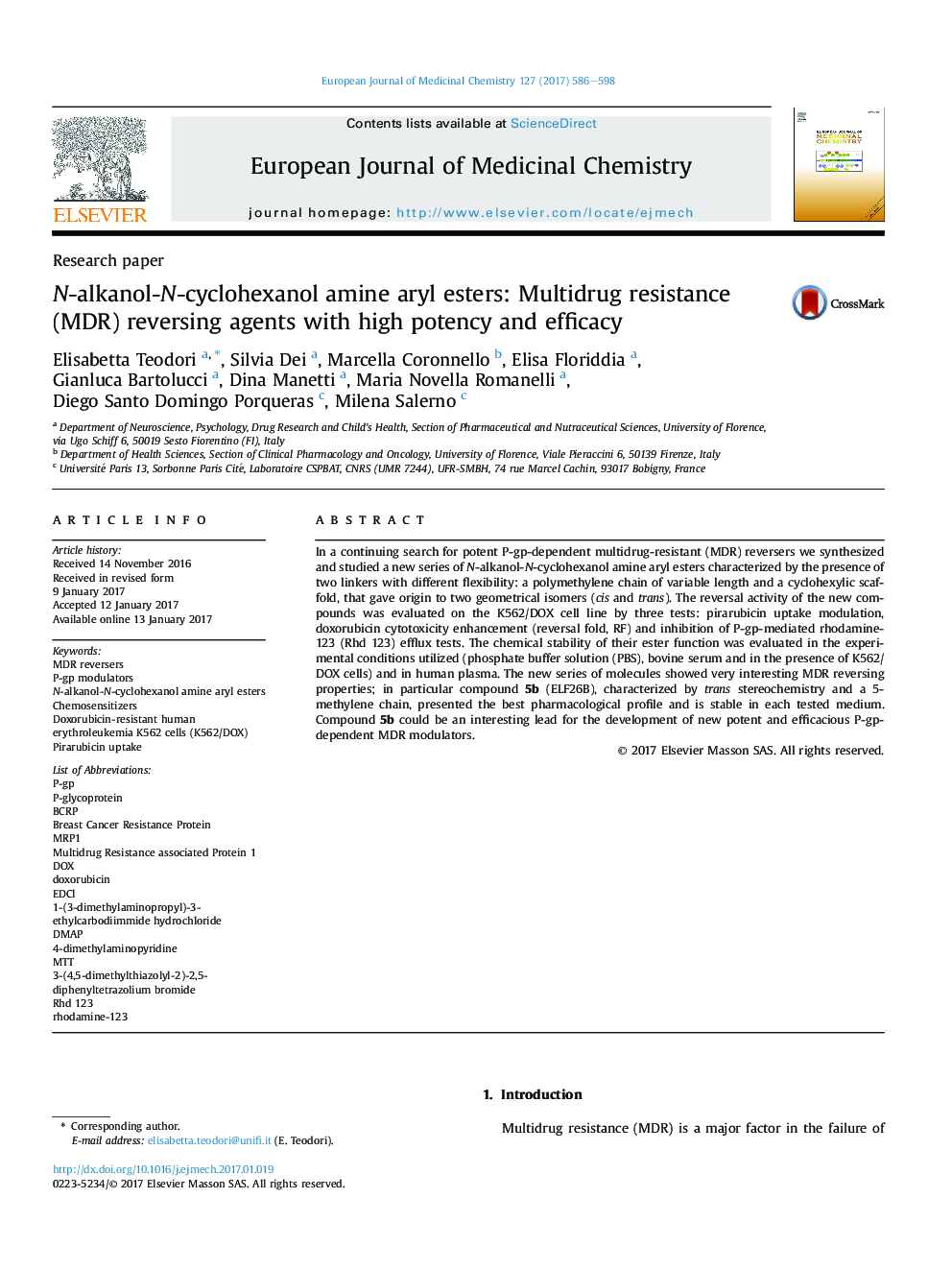 N-alkanol-N-cyclohexanol amine aryl esters: Multidrug resistance (MDR) reversing agents with high potency and efficacy