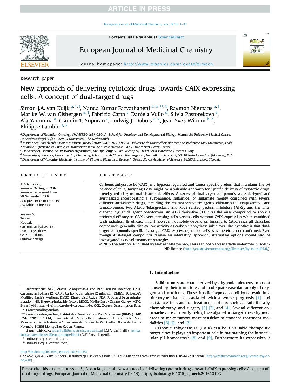 New approach of delivering cytotoxic drugs towards CAIX expressing cells: A concept of dual-target drugs