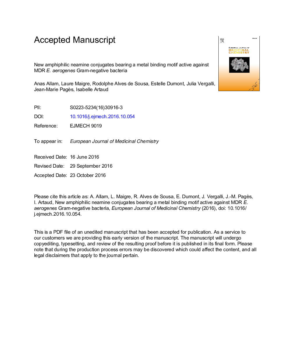 New amphiphilic neamine conjugates bearing a metal binding motif active against MDR E.Â aerogenes Gram-negative bacteria