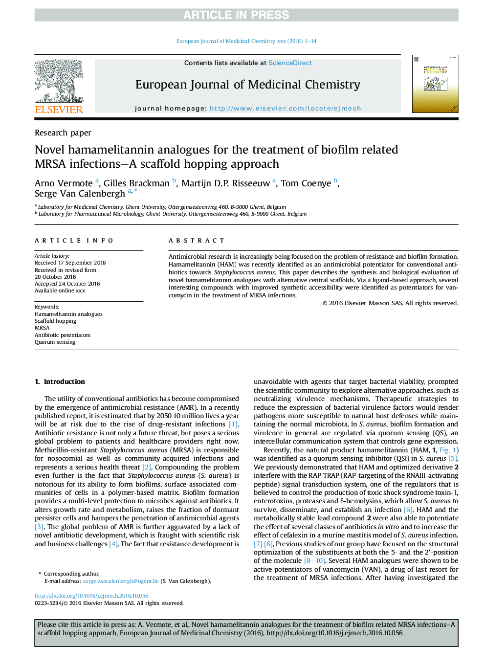 Novel hamamelitannin analogues for the treatment of biofilm related MRSA infections-A scaffold hopping approach