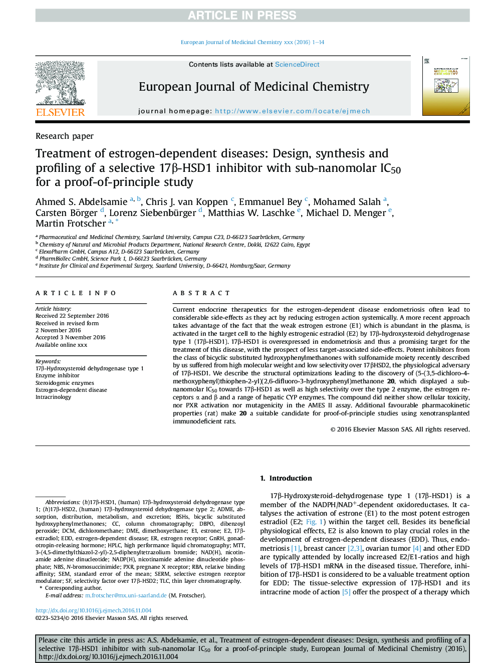 Treatment of estrogen-dependent diseases: Design, synthesis and profiling of a selective 17Î²-HSD1 inhibitor with sub-nanomolar IC50 for a proof-of-principle study