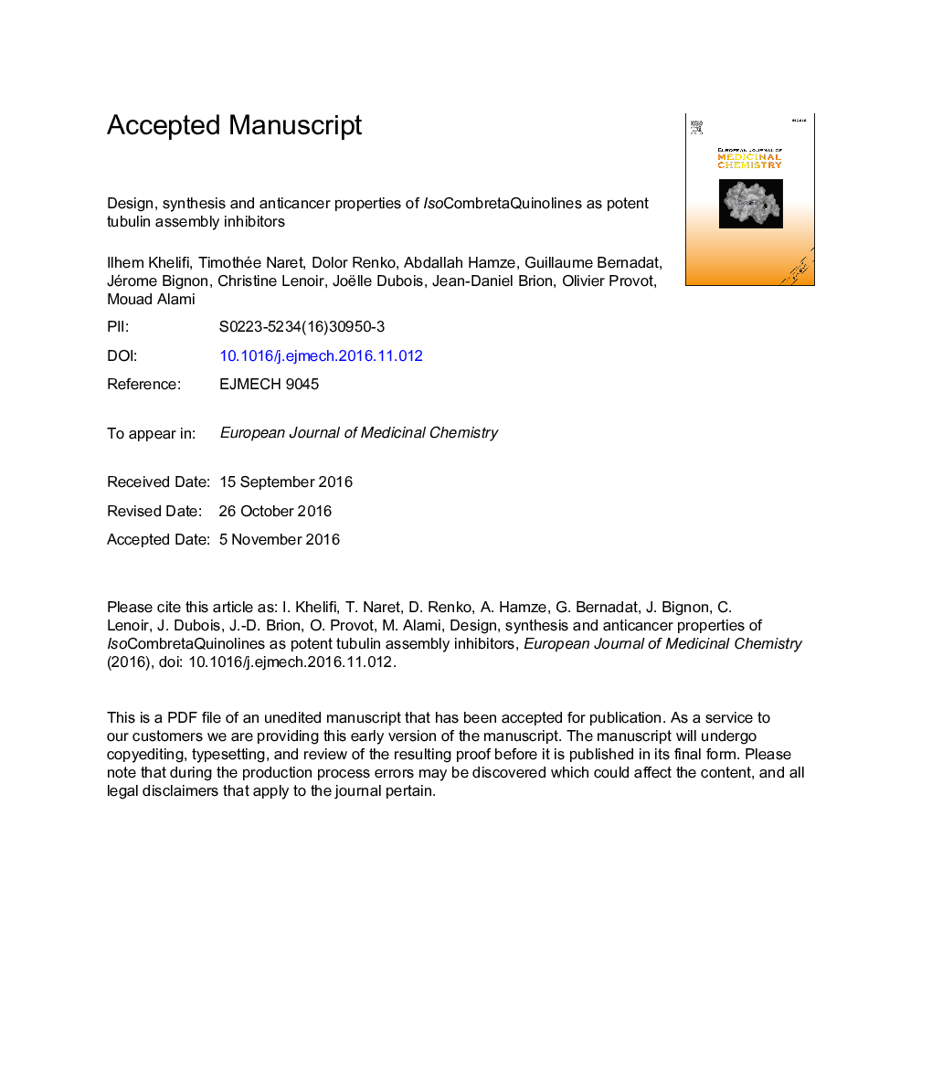 Design, synthesis and anticancer properties of IsoCombretaQuinolines as potent tubulin assembly inhibitors