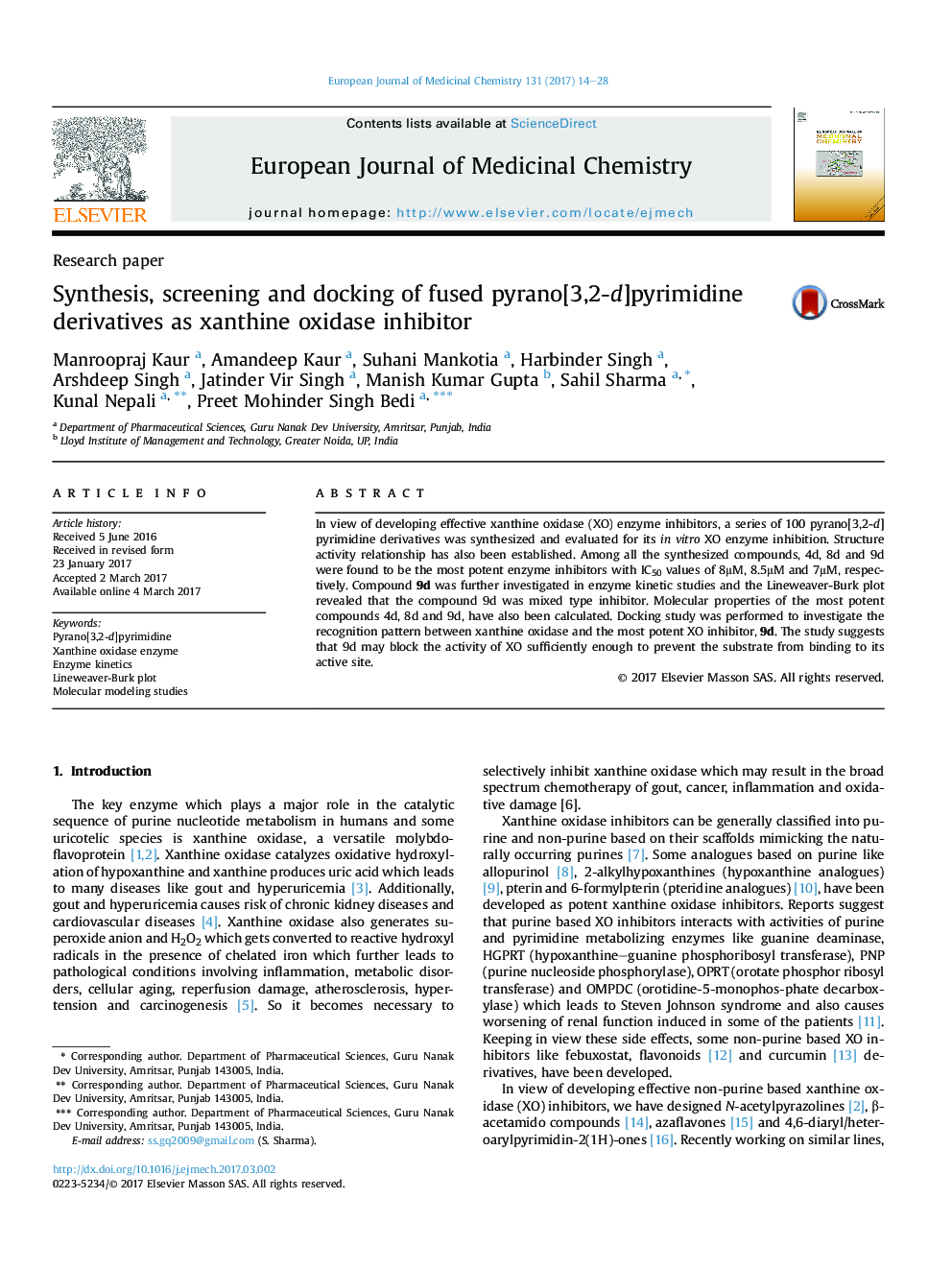 Synthesis, screening and docking of fused pyrano[3,2-d]pyrimidine derivatives as xanthine oxidase inhibitor