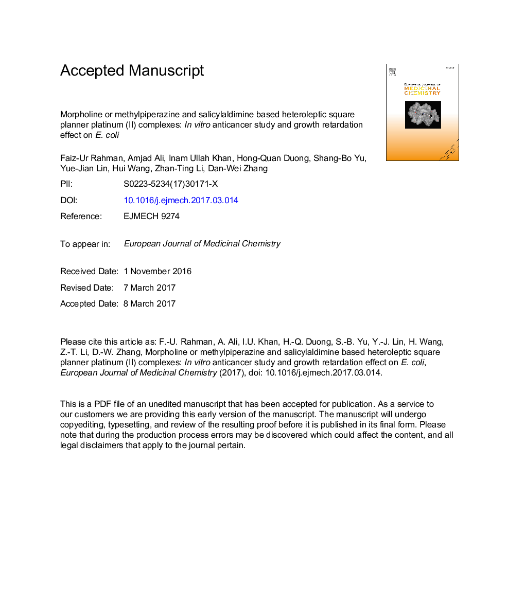 Morpholine or methylpiperazine and salicylaldimine based heteroleptic square planner platinum (II) complexes: InÂ vitro anticancer study and growth retardation effect on E.Â coli