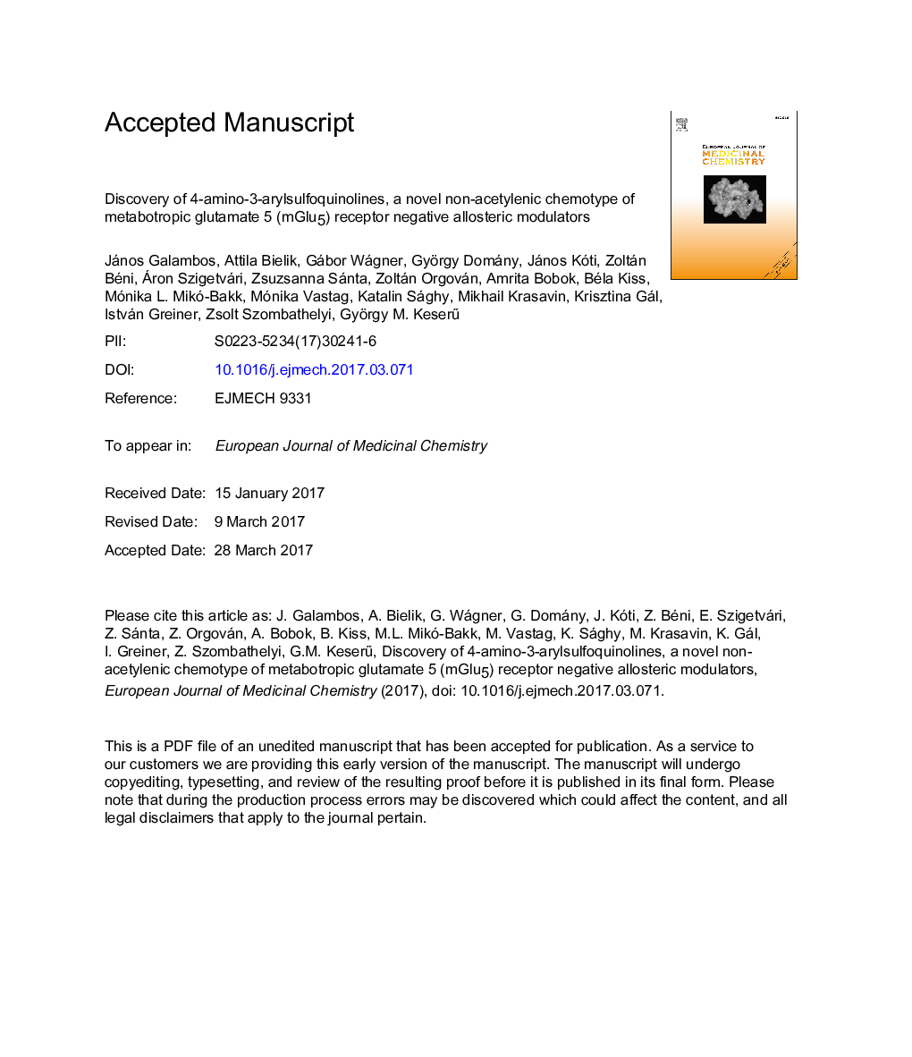 Discovery of 4-amino-3-arylsulfoquinolines, a novel non-acetylenic chemotype of metabotropic glutamate 5 (mGlu5) receptor negative allosteric modulators