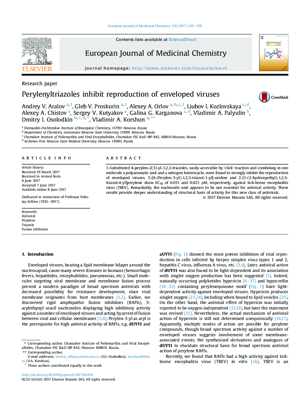 Perylenyltriazoles inhibit reproduction of enveloped viruses