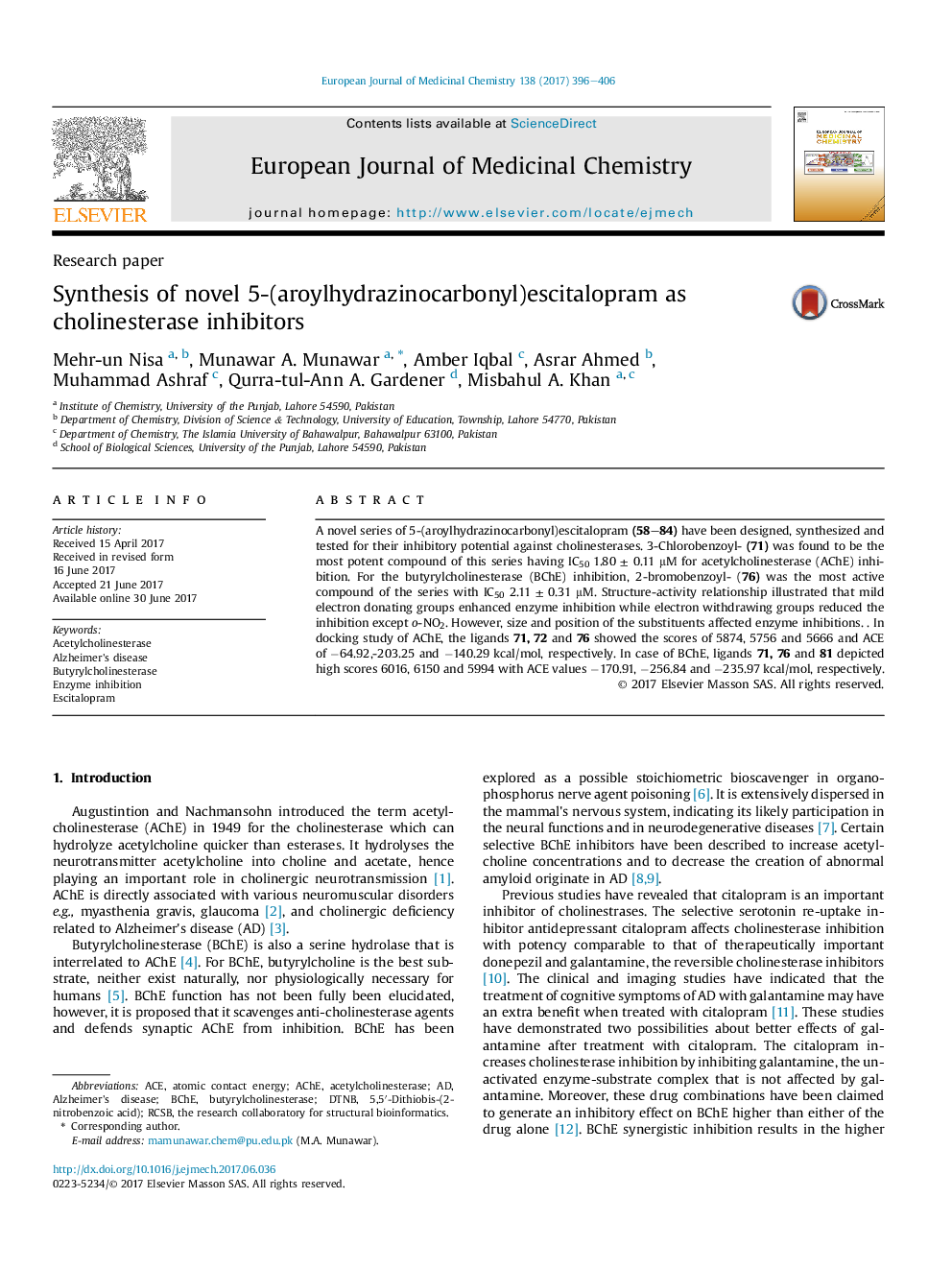 Synthesis of novel 5-(aroylhydrazinocarbonyl)escitalopram as cholinesterase inhibitors