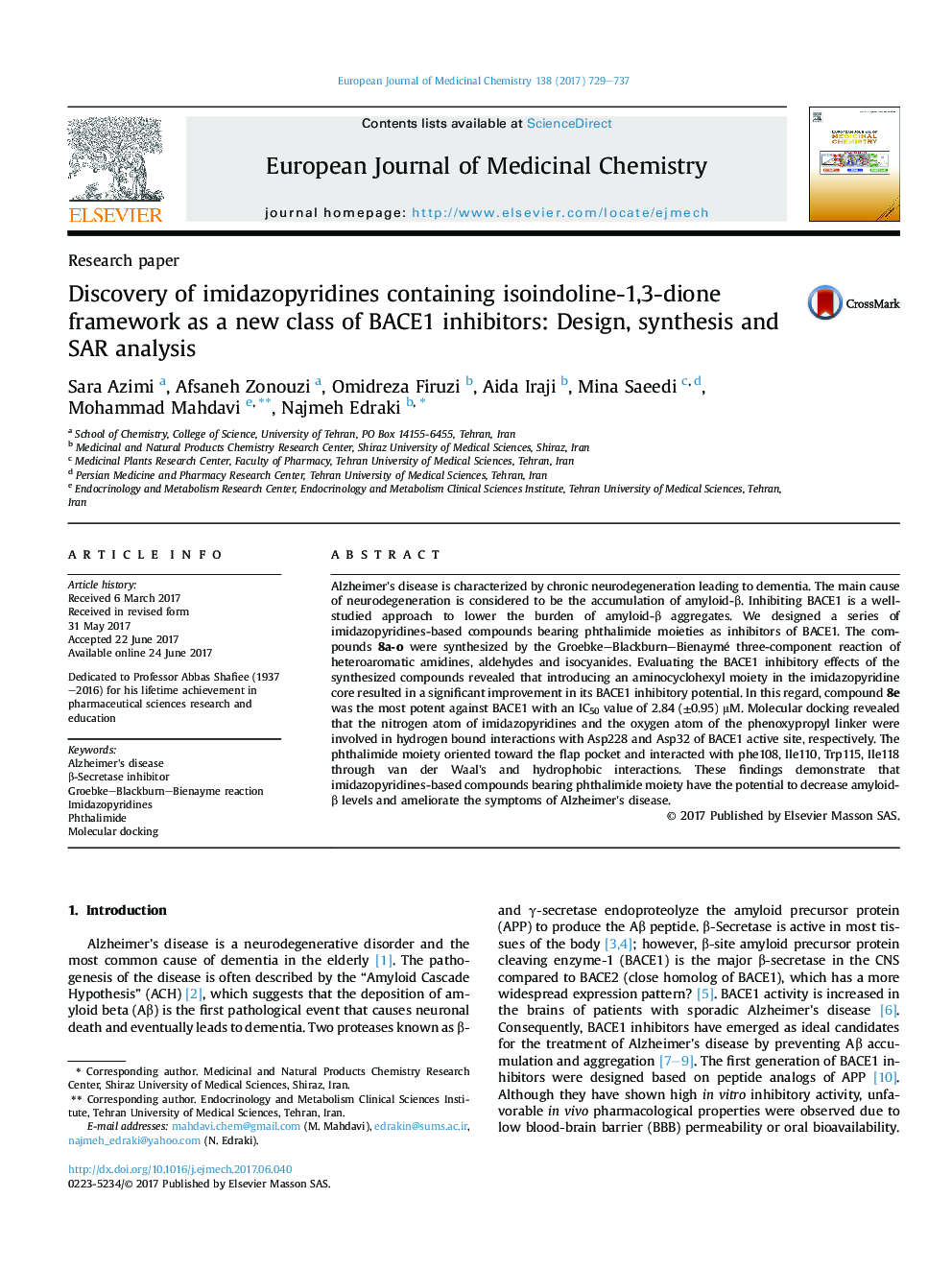 Discovery of imidazopyridines containing isoindoline-1,3-dione framework as a new class of BACE1 inhibitors: Design, synthesis and SAR analysis