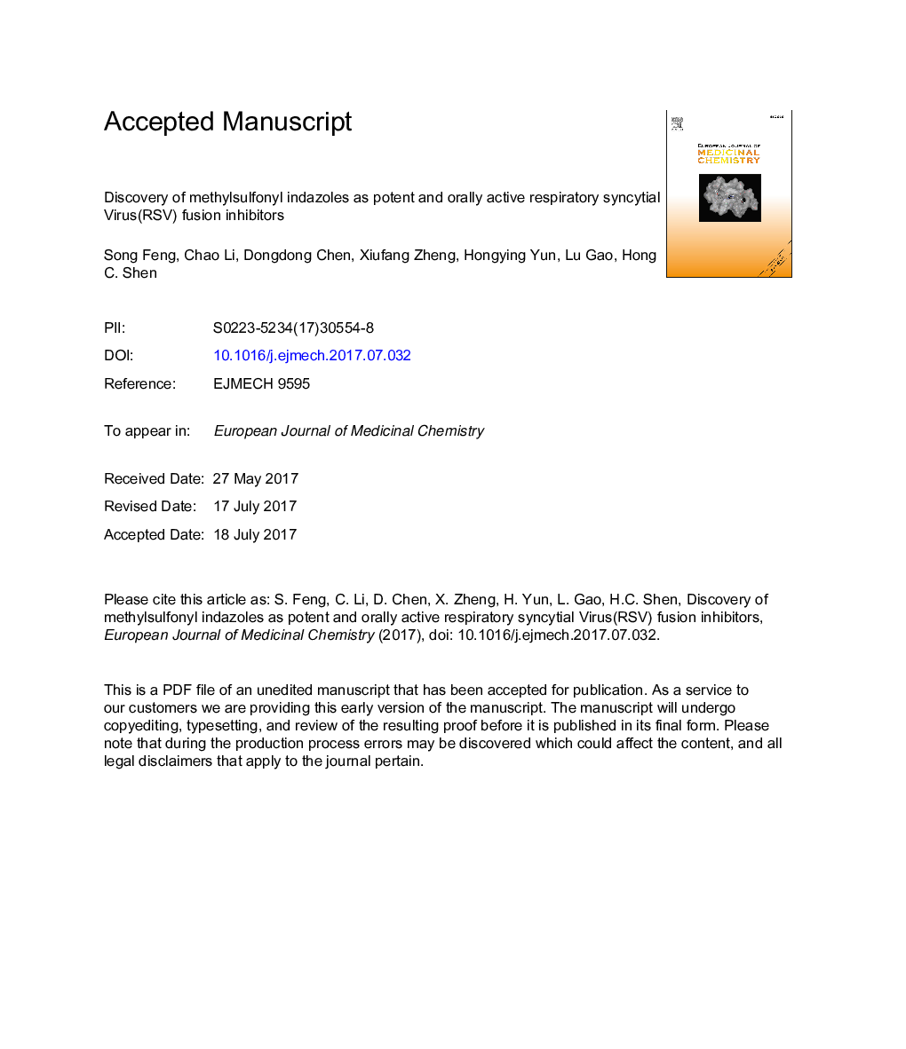 عکس صفحه اول مقاله: Discovery of methylsulfonyl indazoles as potent and orally active respiratory syncytial Virus(RSV) fusion inhibitors Discovery of methylsulfonyl indazoles as potent and orally active respiratory syncytial Virus(RSV) fusion inhibitors