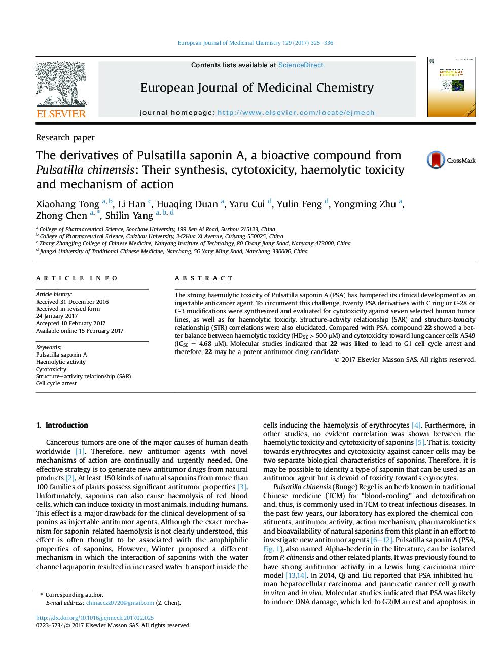 The derivatives of Pulsatilla saponin A, a bioactive compound from Pulsatilla chinensis: Their synthesis, cytotoxicity, haemolytic toxicity and mechanism of action