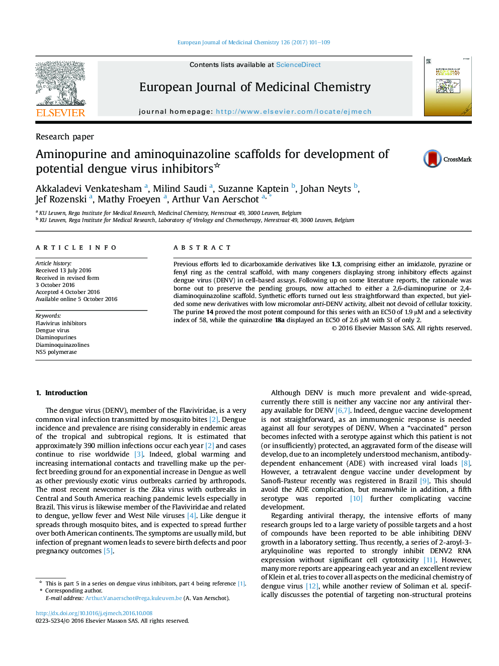 Aminopurine and aminoquinazoline scaffolds for development of potential dengue virus inhibitors