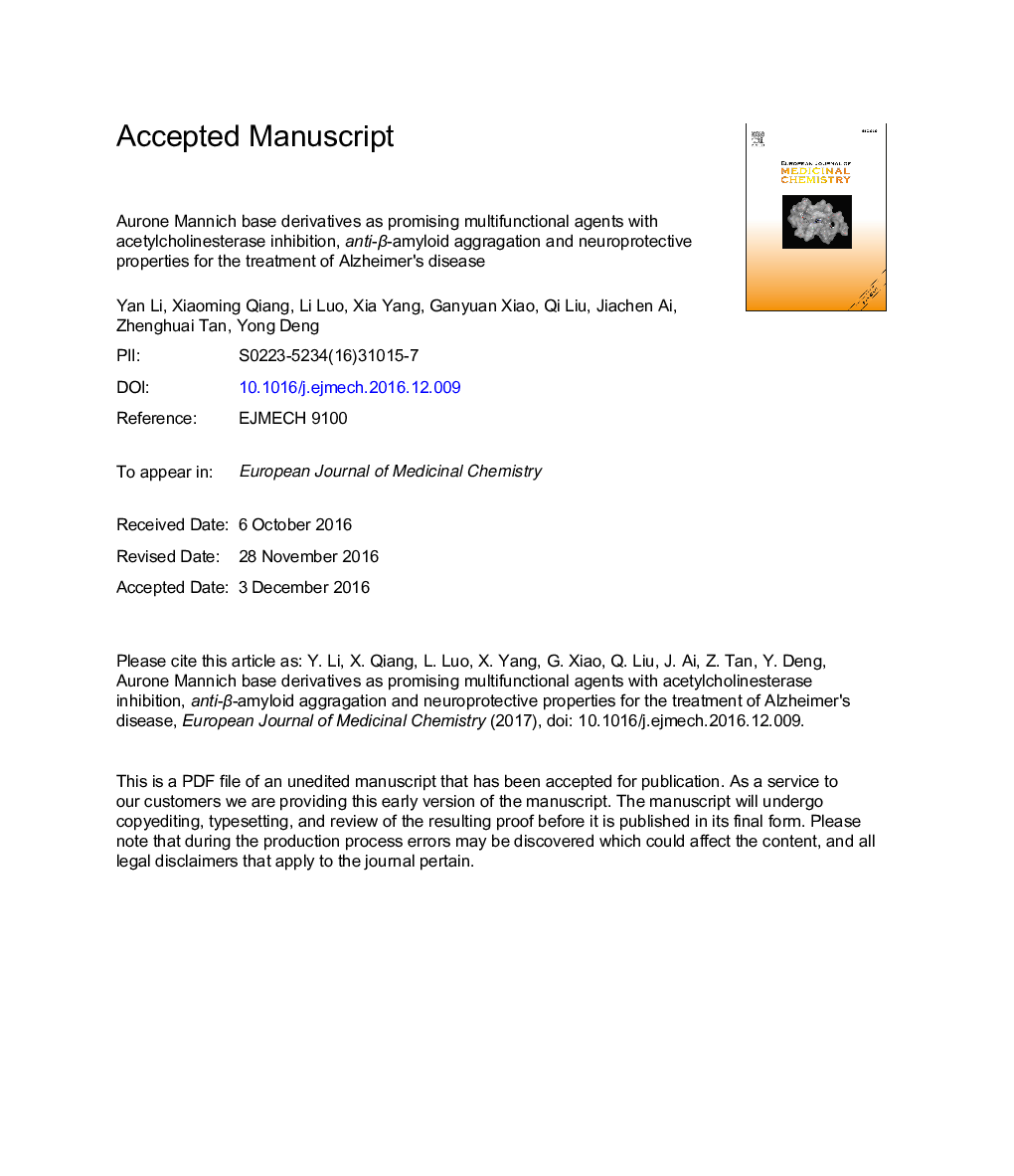 Aurone Mannich base derivatives as promising multifunctional agents with acetylcholinesterase inhibition, anti-Î²-amyloid aggragation and neuroprotective properties for the treatment of Alzheimer's disease