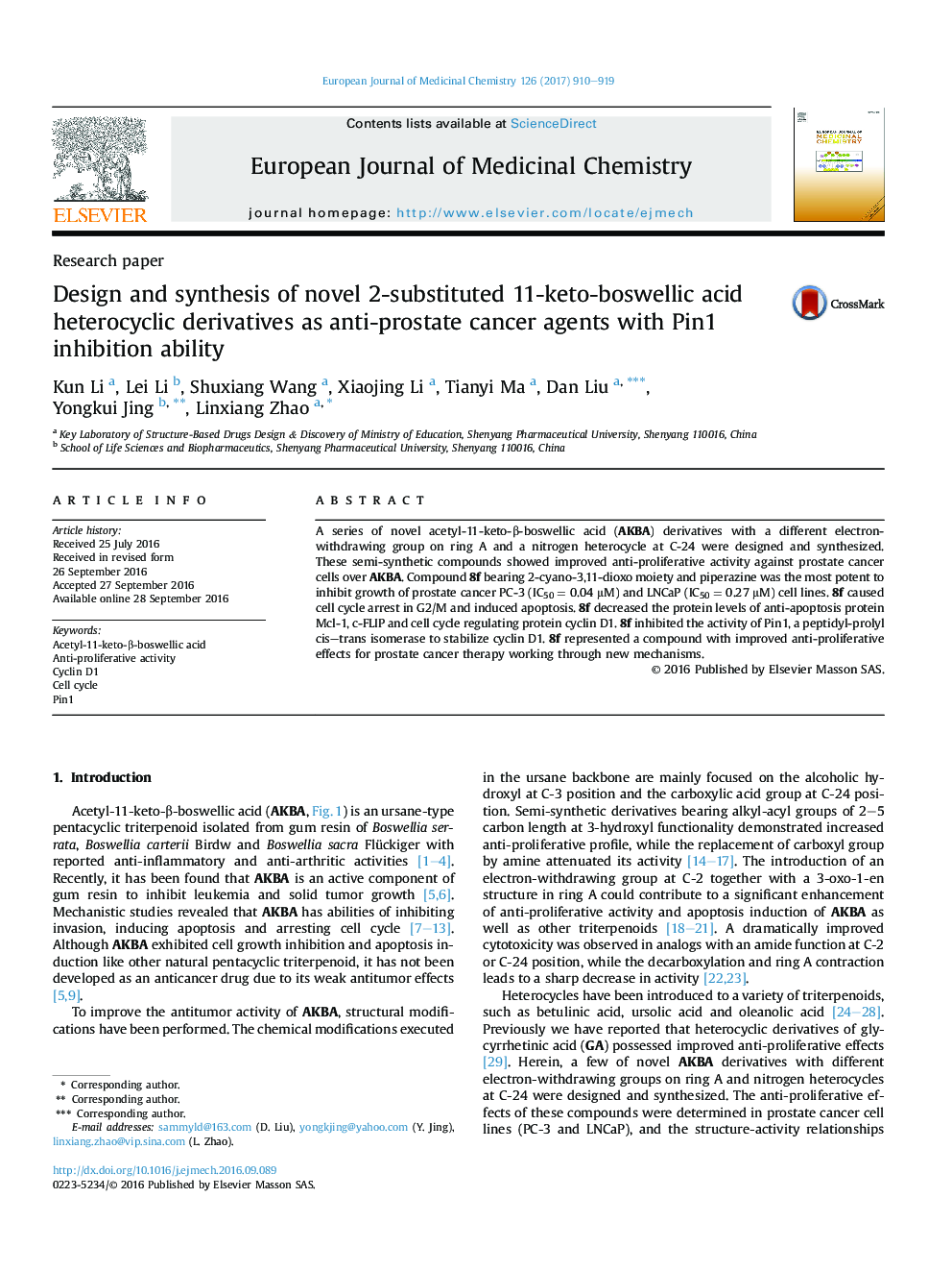 Design and synthesis of novel 2-substituted 11-keto-boswellic acid heterocyclic derivatives as anti-prostate cancer agents with Pin1 inhibition ability