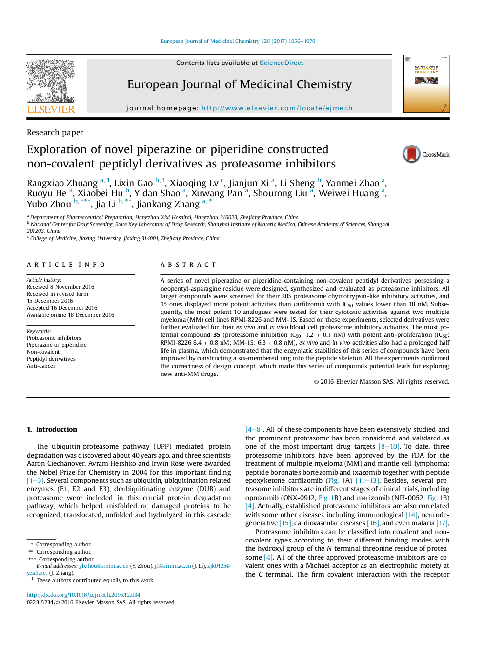 Exploration of novel piperazine or piperidine constructed non-covalent peptidyl derivatives as proteasome inhibitors