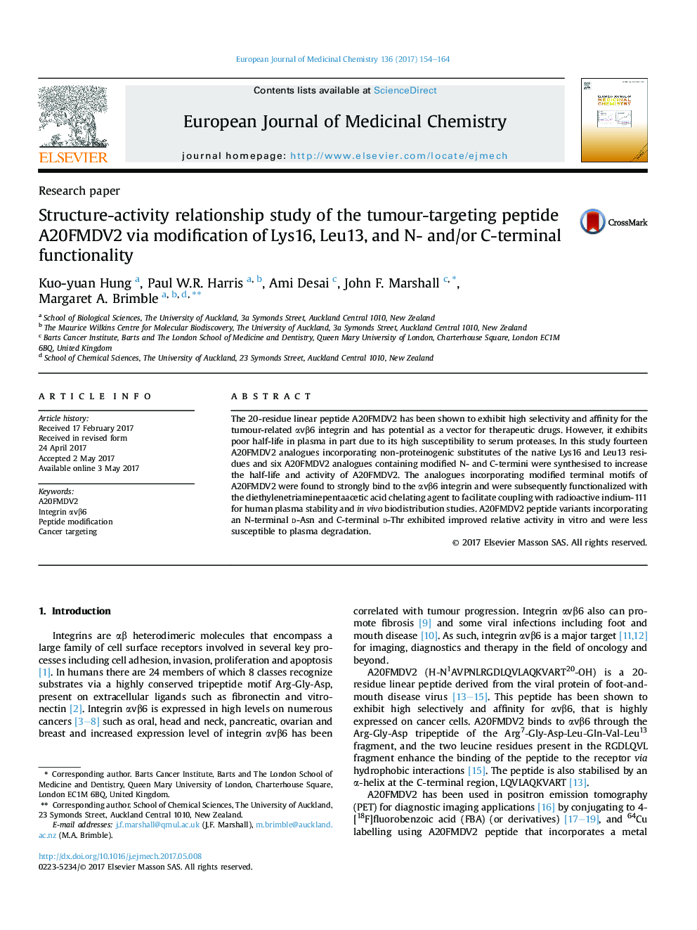 Structure-activity relationship study of the tumour-targeting peptide A20FMDV2 via modification of Lys16, Leu13, and N- and/or C-terminal functionality