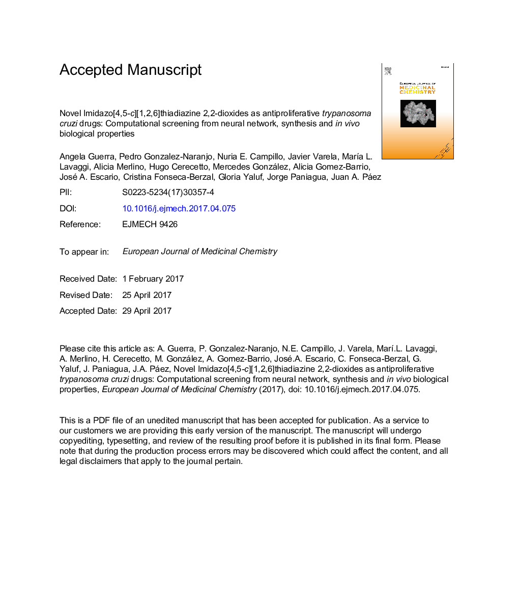 Novel Imidazo[4,5-c][1,2,6]thiadiazine 2,2-dioxides as antiproliferative trypanosoma cruzi drugs: Computational screening from neural network, synthesis and inÂ vivo biological properties