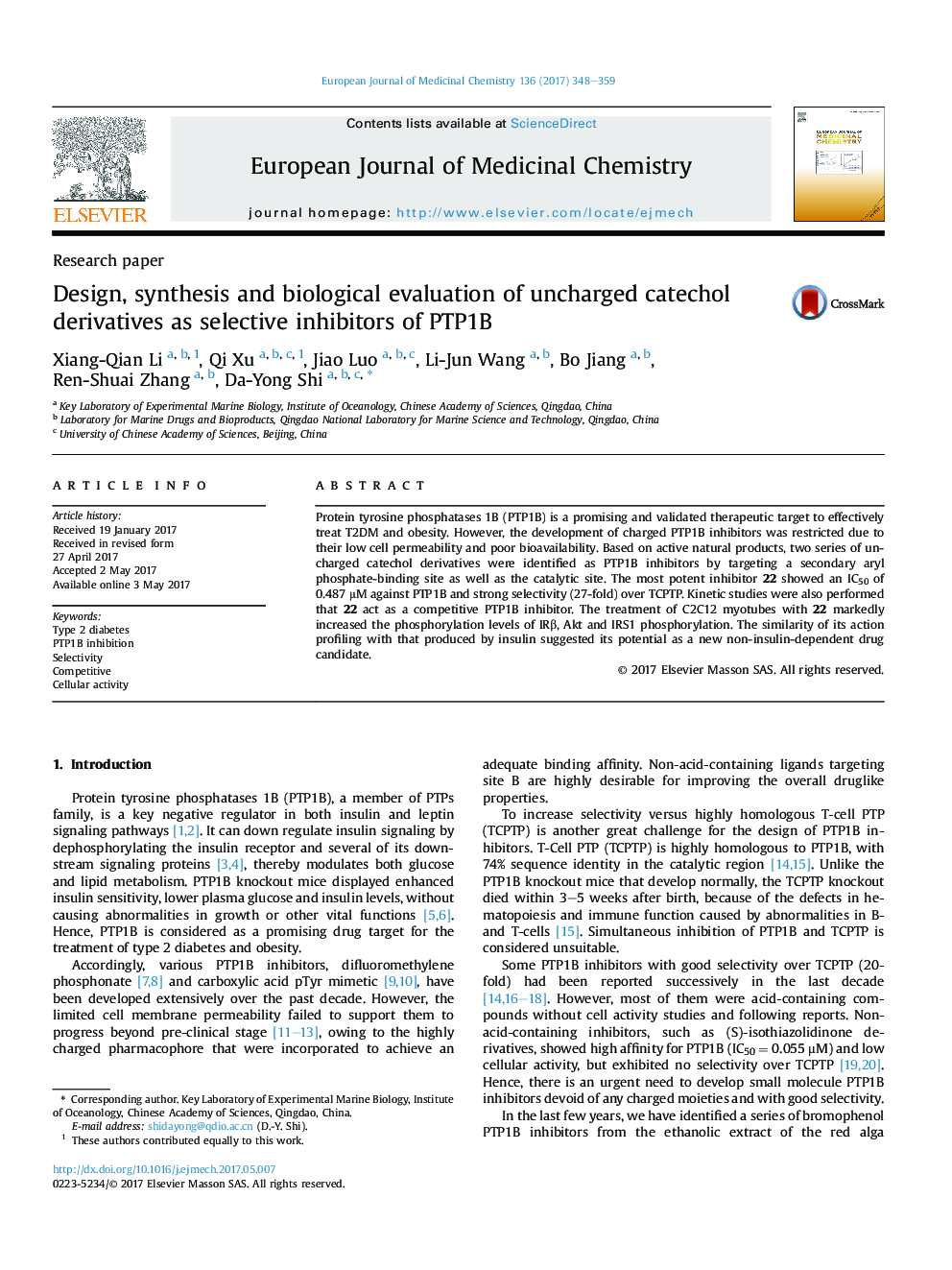 Design, synthesis and biological evaluation of uncharged catechol derivatives as selective inhibitors of PTP1B