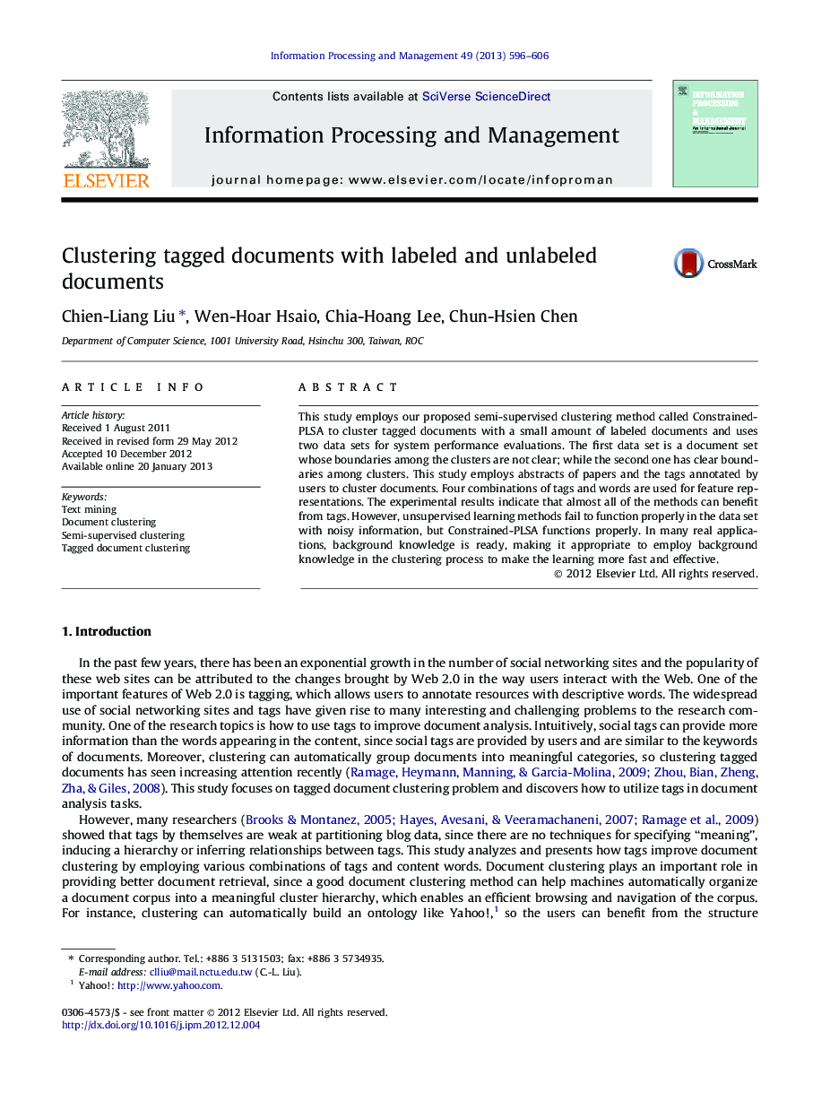 Clustering tagged documents with labeled and unlabeled documents