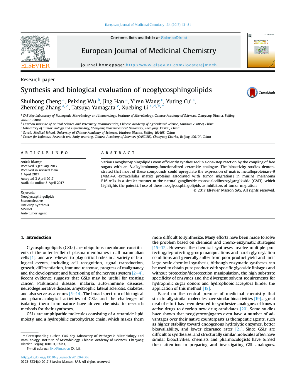 Synthesis and biological evaluation of neoglycosphingolipids